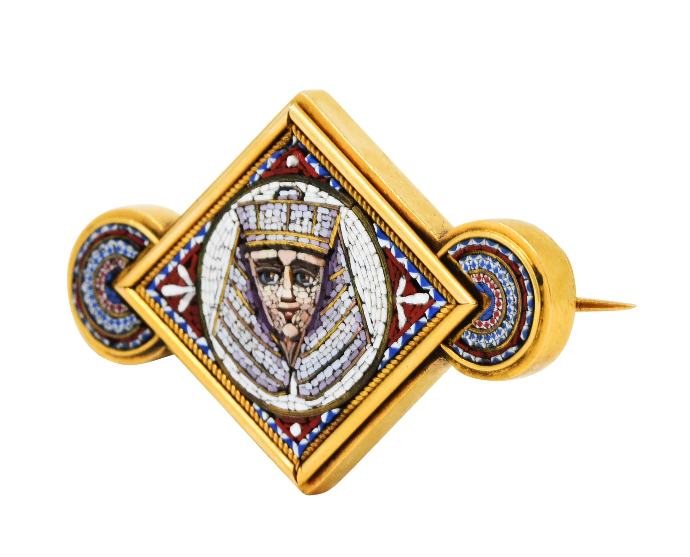 Egyptian Revival Micro Mosaic 18 Karat Gold Pharaoh Brooch