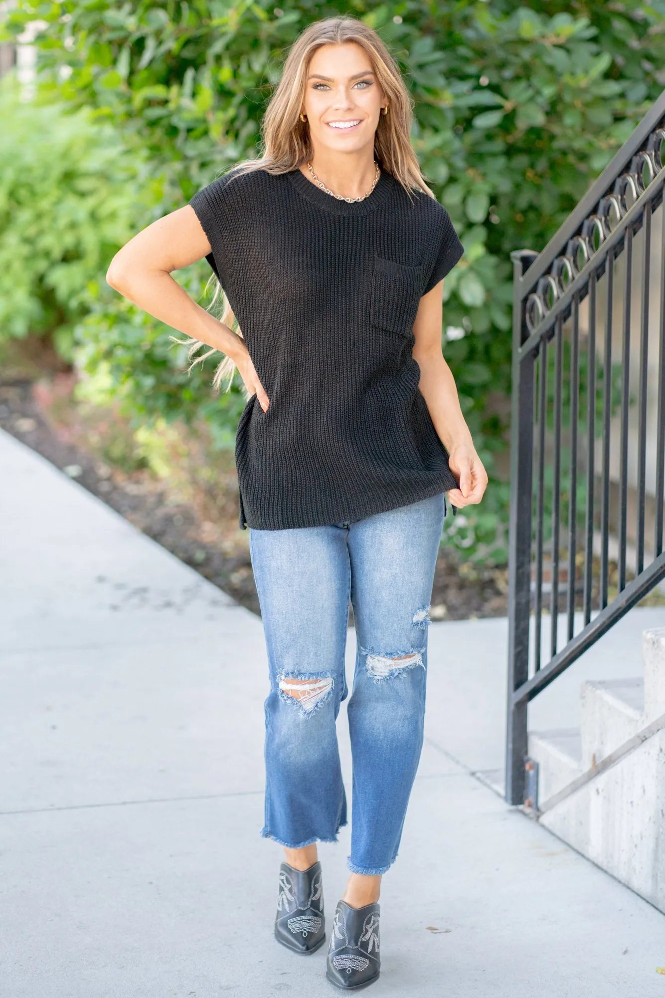 Pocketed Round Neck Cap Sleeve Knit Top