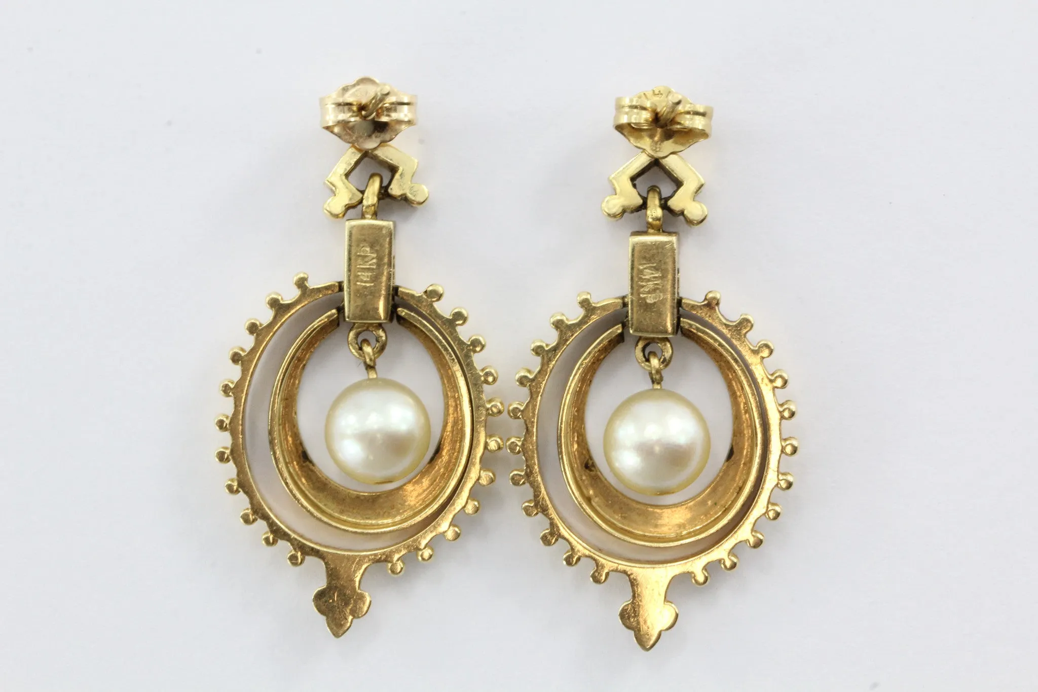 Vintage 14K Gold Enamel & Pearl Victorian Revival Earrings